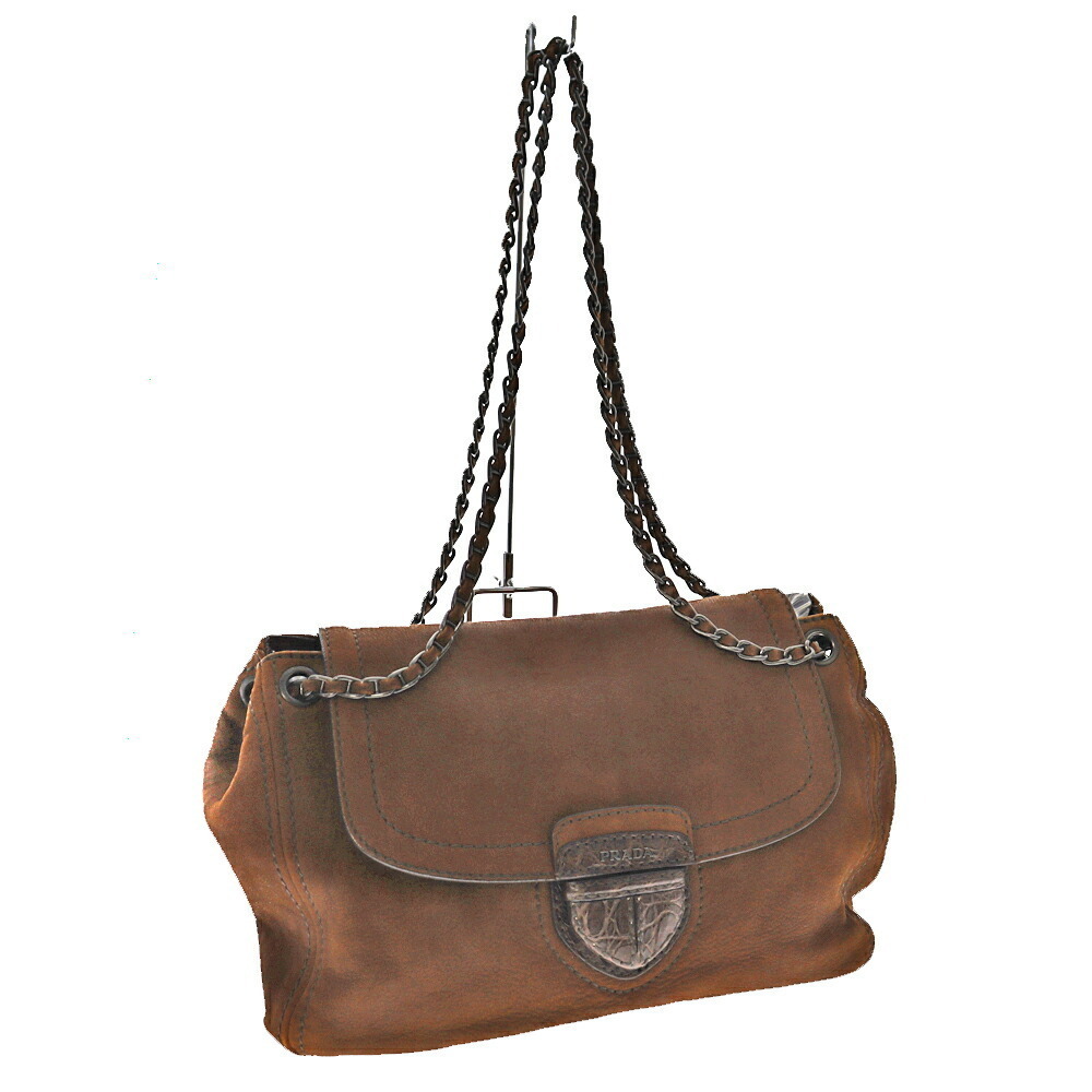 PRADA Chain Shoulder Bag Leather Brown Solid Logo